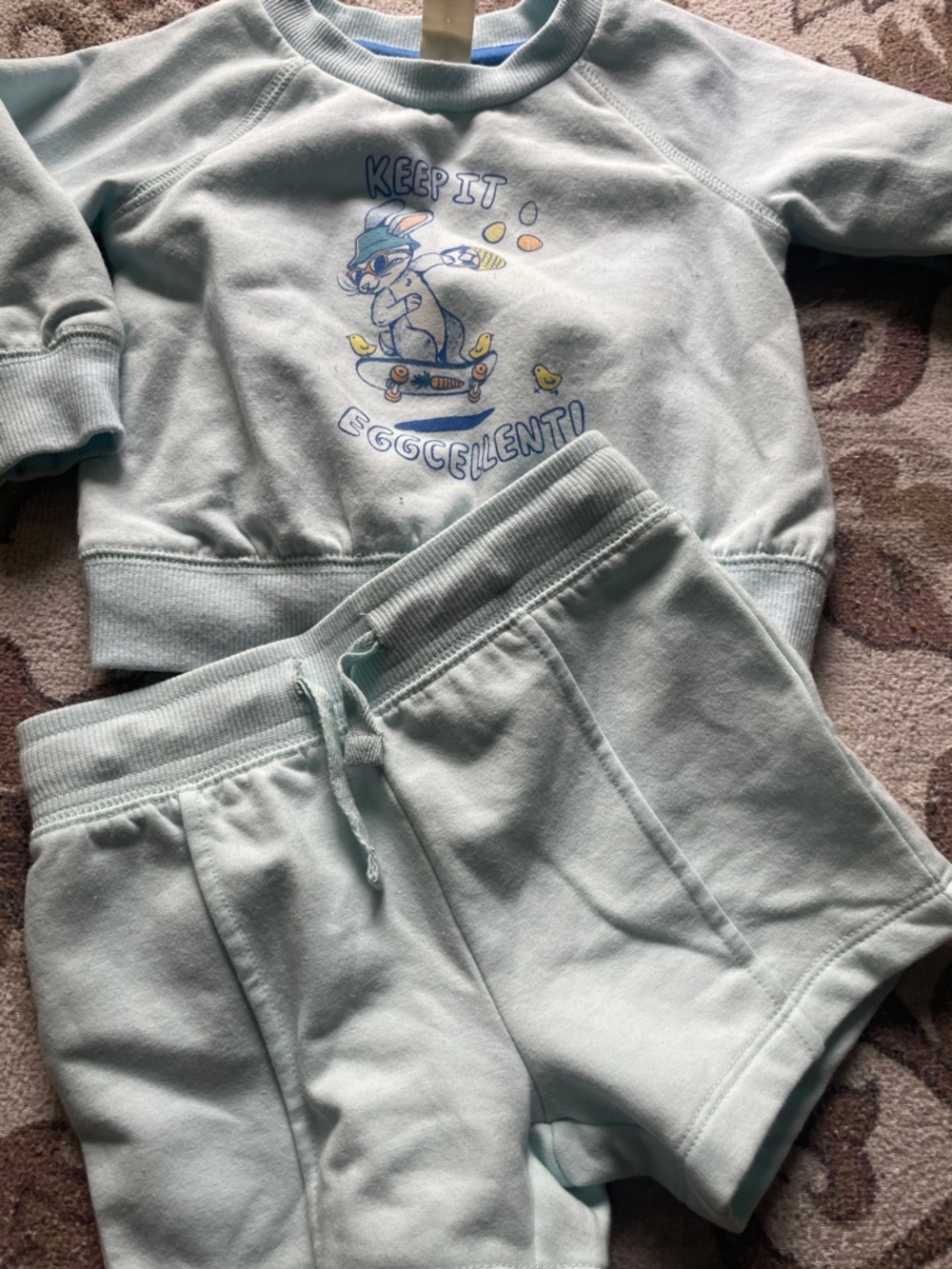 2/$5 Minty Blue Green Two-Piece Sweatshirt & Shorts Set - Bunny Graphic Easter